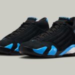Air Jordan 14 Black University Blue sneakers with black suede upper and blue accents on sole and heel, side view product image