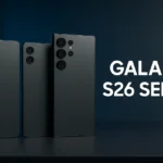 Samsung Galaxy S26 Series smartphones in matte black finish showcasing triple and quad rear camera designs on a dark futuristic background.